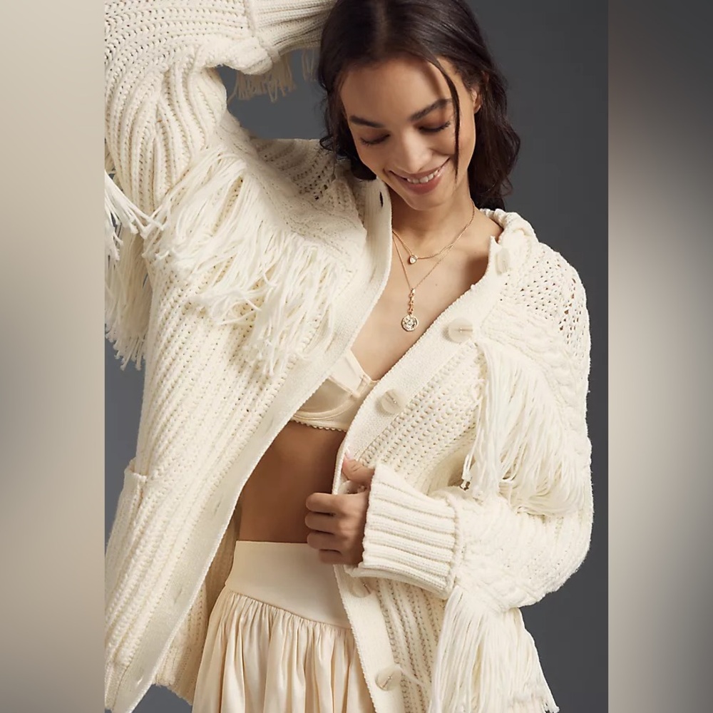 Maeve Cream Fringe Cardigan